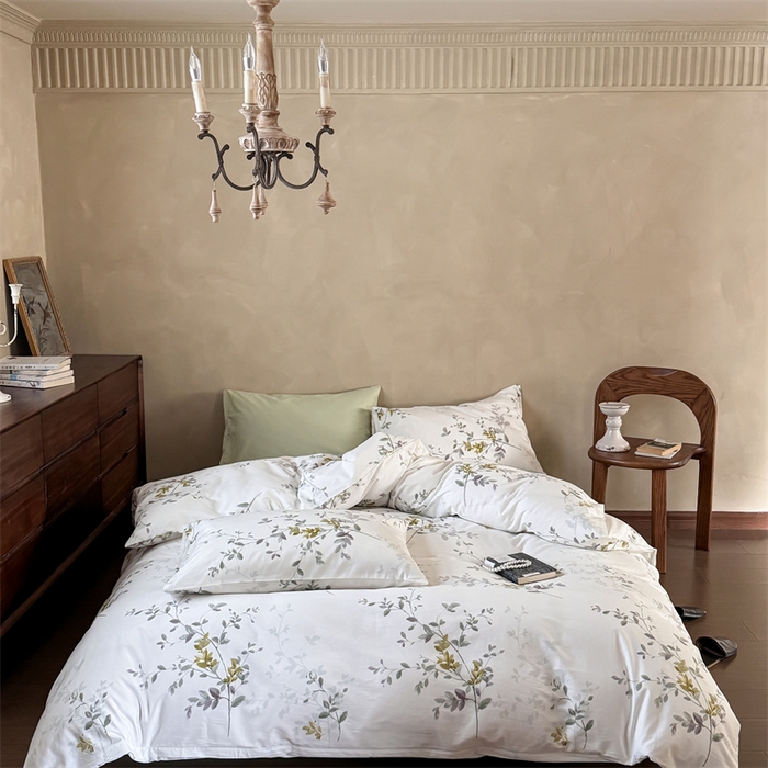 91家纺网 家纺一手货源 找家纺 窝米 2025春季新品全棉13370系列全棉治愈风花卉系列四件套 写意绿