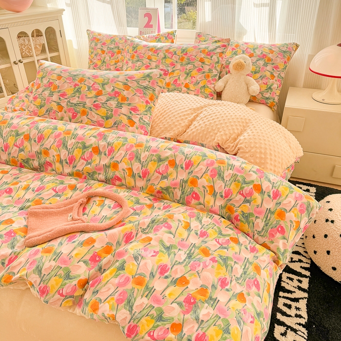 91家纺网 家纺一手货源 找家纺 千朵 2025新款全棉加豆豆绒四件套 郁金香粉