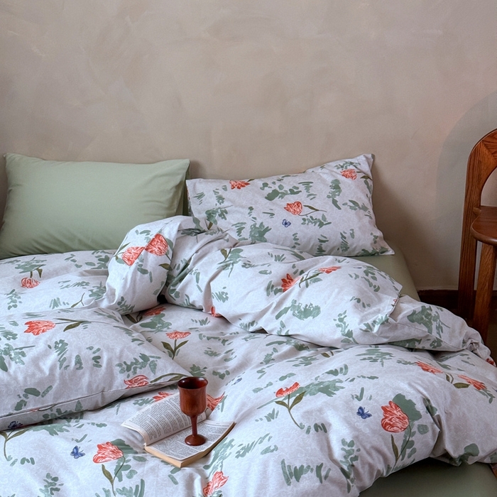 91家纺网 家纺一手货源 找家纺 窝米 2025春季新品全棉13370系列全棉治愈风花卉系列四件套 花添绿