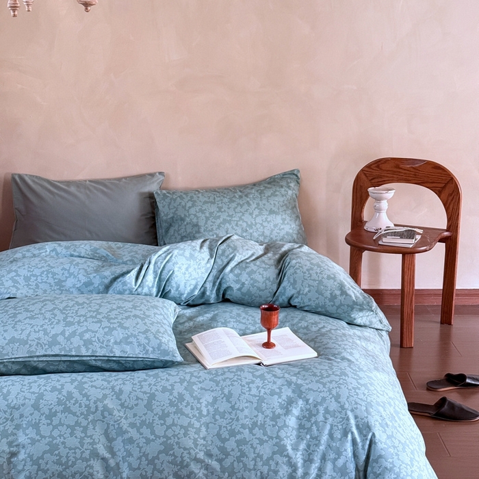 91家纺网 家纺一手货源 找家纺 窝米 2025春季新品全棉13370系列全棉治愈风花卉系列四件套 蕾丝-绿