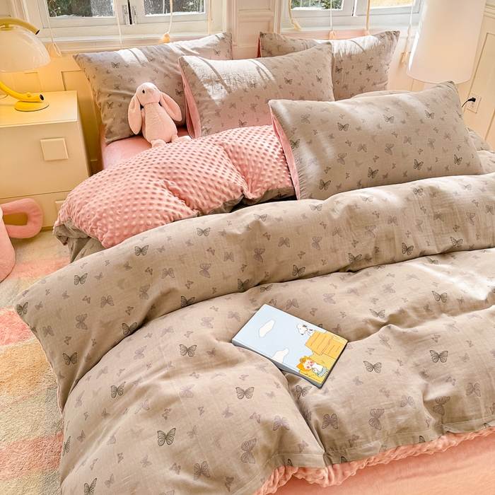 91家纺网 家纺一手货源 找家纺 千朵 2025新款豆豆绒双层纱四件套 纱舞蝶