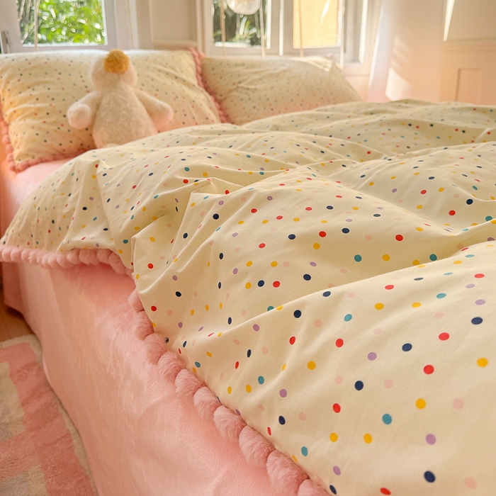 91家纺网 家纺一手货源 找家纺 千朵 2025新款棉加豆豆绒毛毛球边四件套 啵啵