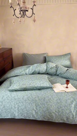 91家纺网 家纺一手货源 找家纺 窝米 2025春季新品全棉13370系列全棉治愈风花卉系列四件套 蕾丝-绿