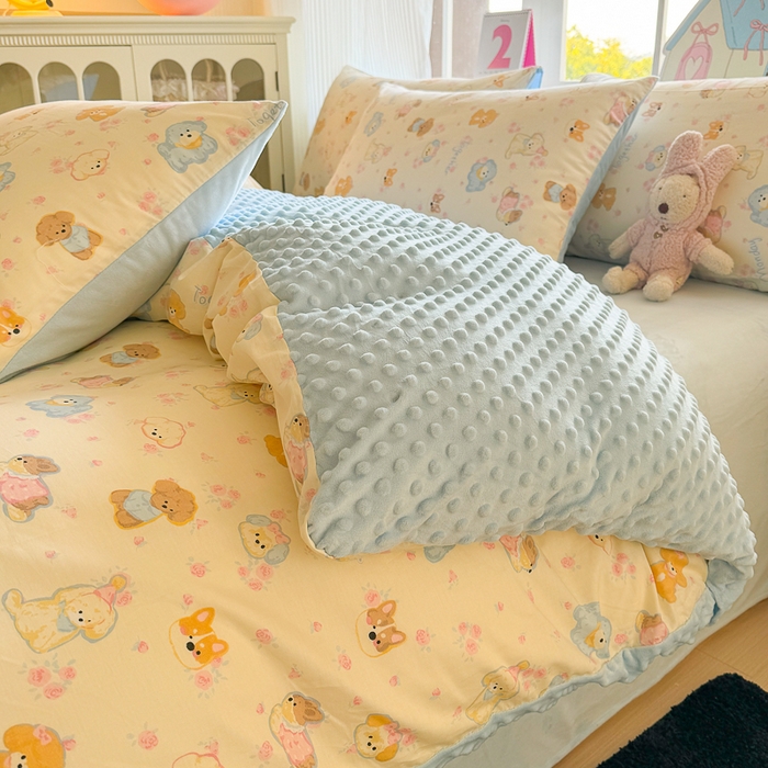 91家纺网 家纺一手货源 找家纺 千朵 2025新款全棉加豆豆绒四件套 比熊狗