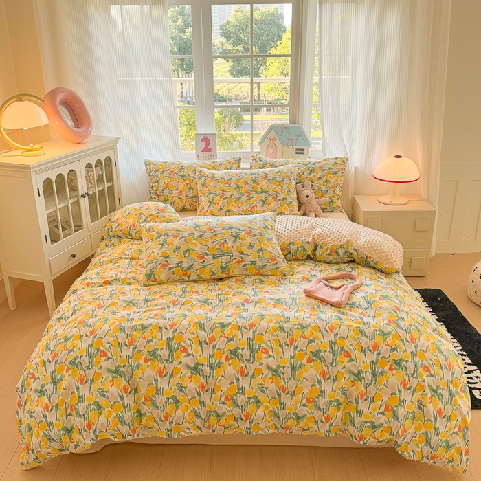 91家纺网 家纺一手货源 找家纺 千朵 2025新款全棉加豆豆绒四件套 郁金香黄