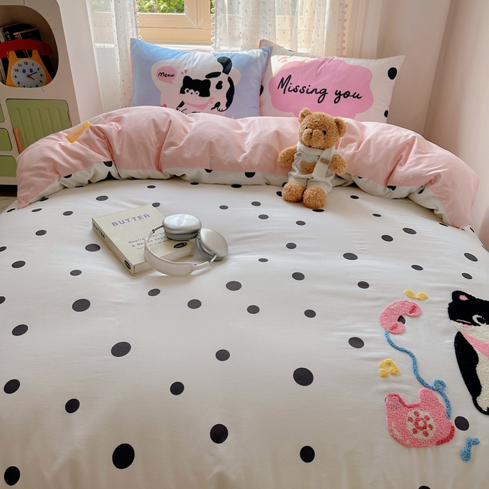 91家纺网 家纺一手货源 找家纺 美乐迪家纺 2025新款全棉绣花毛巾绣四件套 波点猫咪