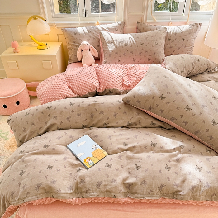 91家纺网 家纺一手货源 找家纺 千朵 2025新款豆豆绒双层纱四件套 纱舞蝶