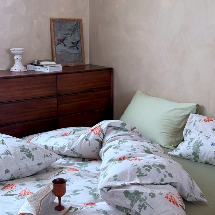 91家纺网 家纺一手货源 找家纺 窝米 2025春季新品全棉13370系列全棉治愈风花卉系列四件套 花添绿