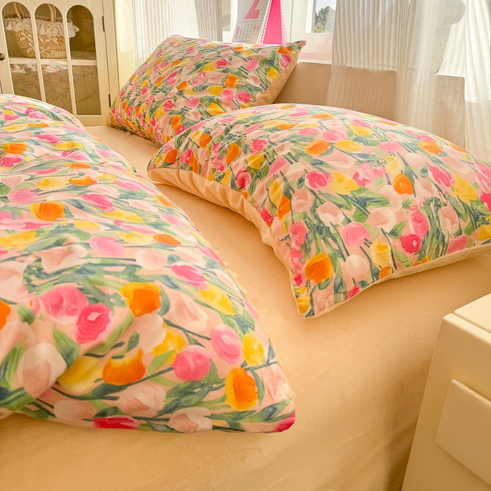 91家纺网 家纺一手货源 找家纺 千朵 2025新款全棉加豆豆绒四件套 郁金香粉