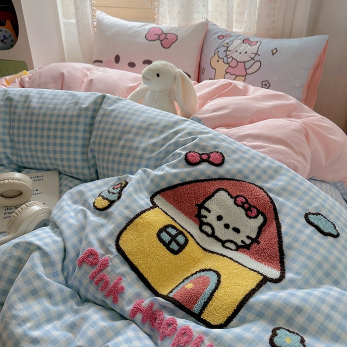 91家纺网 家纺一手货源 找家纺 美乐迪家纺 2025新款全棉绣花毛巾绣四件套 猫咪的房子