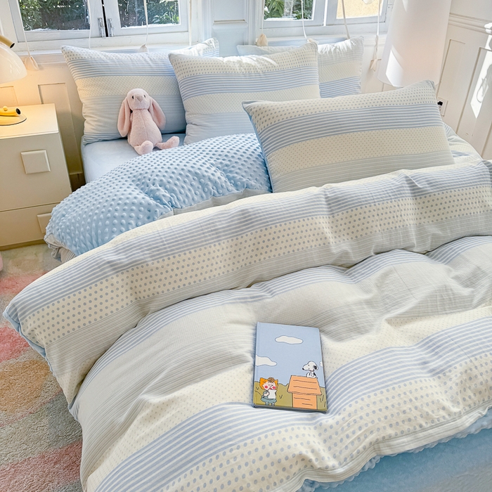 91家纺网 家纺一手货源 找家纺 千朵 2025新款豆豆绒双层纱四件套 仙草蓝