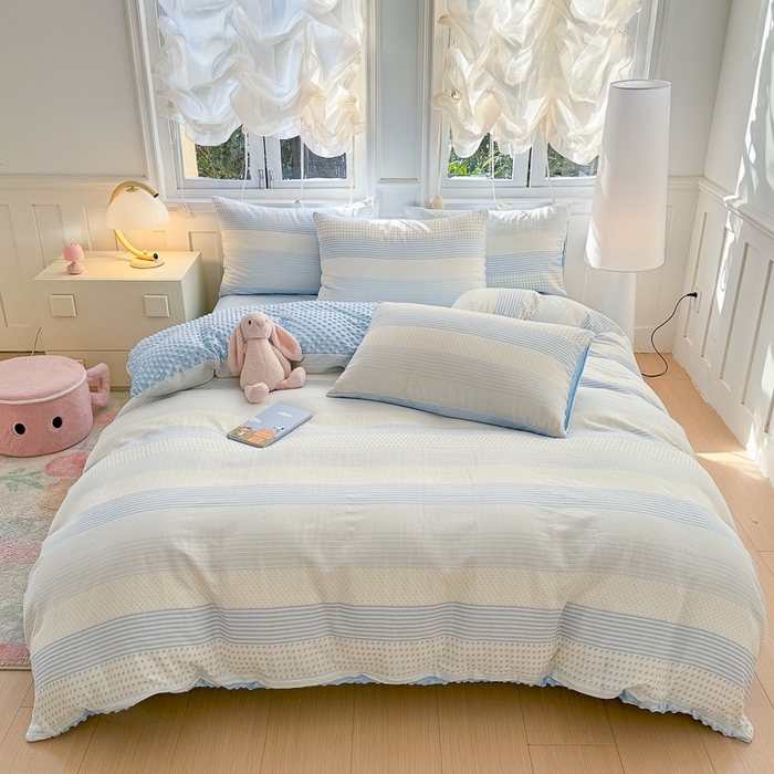 91家纺网 家纺一手货源 找家纺 千朵 2025新款豆豆绒双层纱四件套 仙草蓝