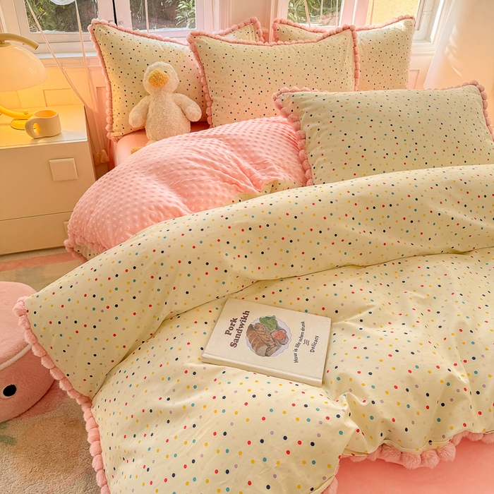 91家纺网 家纺一手货源 找家纺 千朵 2025新款棉加豆豆绒毛毛球边四件套 啵啵