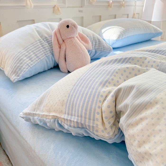 91家纺网 家纺一手货源 找家纺 千朵 2025新款豆豆绒双层纱四件套 仙草蓝