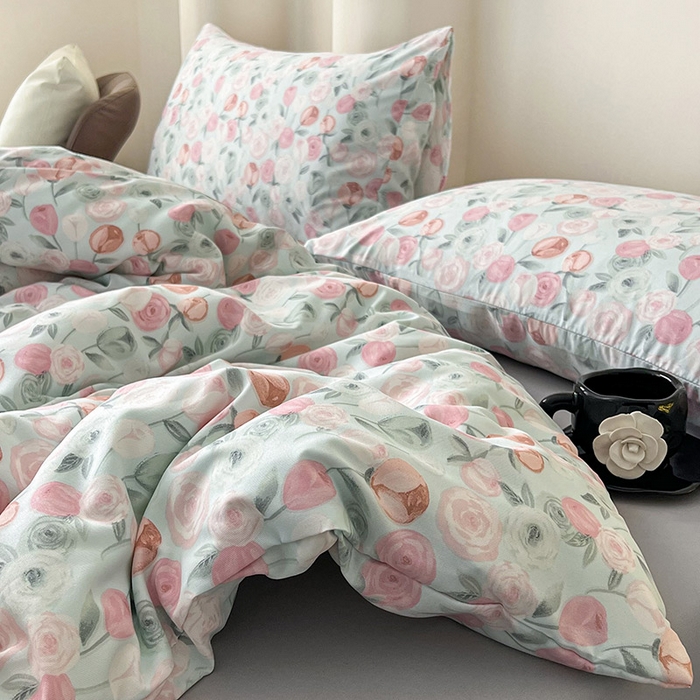 91家纺网 家纺一手货源 找家纺 优选良品  2025针织棉双层纱四件套小碎花被套床单床笠款学生三件套新款直播爆款（第一批）花千朵