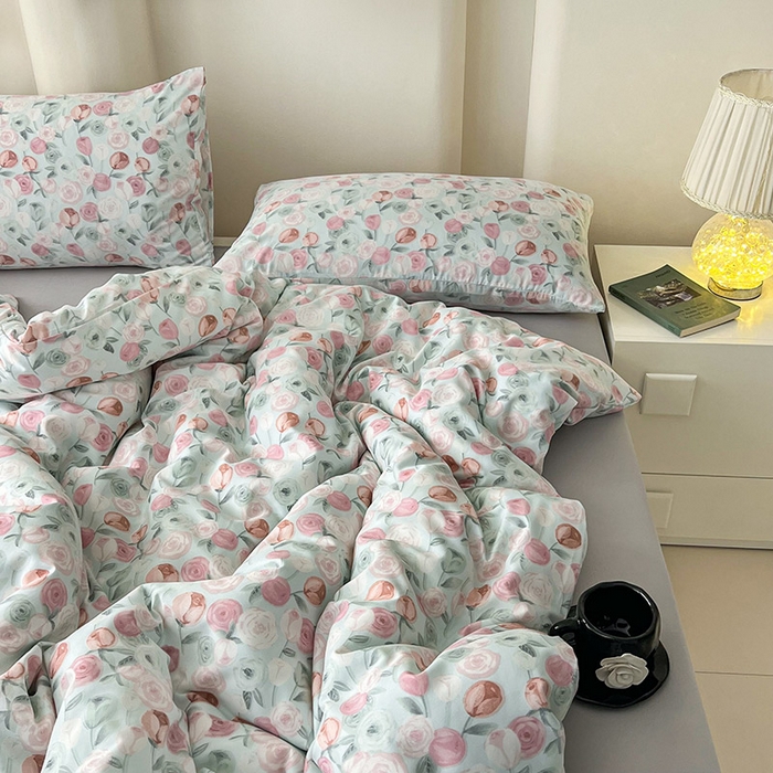 91家纺网 家纺一手货源 找家纺 优选 2025加厚针织棉双层纱四件套小碎花被套床单床笠款学生三件套新款直播爆款 花千朵