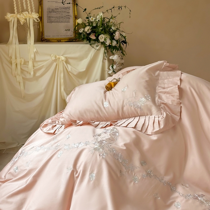 91家纺网 家纺一手货源 找家纺 窝米 2025长绒荷叶边100支刺绣工艺款四件套（玫瑰园） 玫瑰园-粉