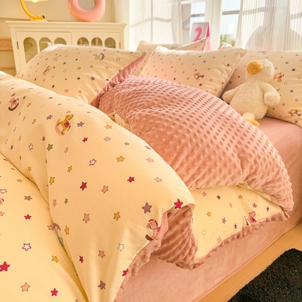 千朵 2025新款全棉加豆豆绒四件套 星星木马