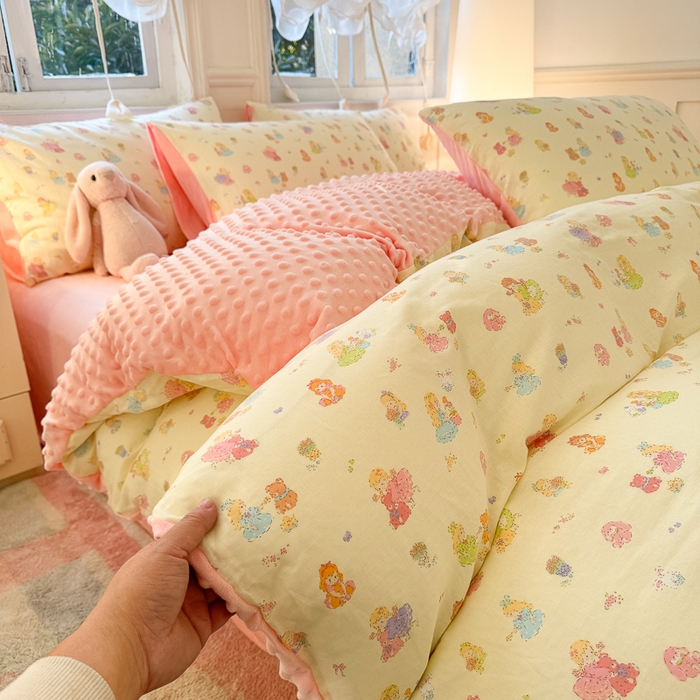 91家纺网 家纺一手货源 找家纺 千朵 2025新款豆豆绒双层纱四件套 奶芙芙