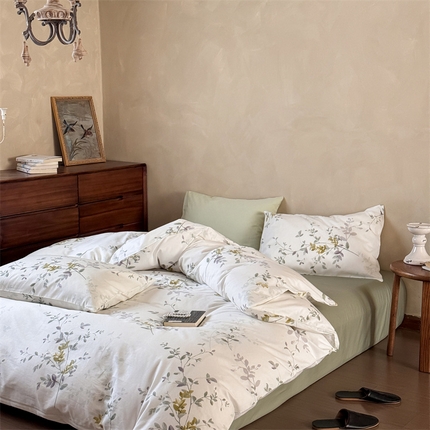 窝米 2025春季新品全棉13370系列全棉治愈风花卉系列四件套 写意绿