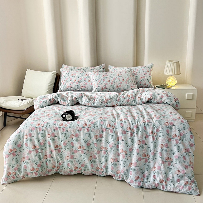 91家纺网 家纺一手货源 找家纺 优选良品  2025针织棉双层纱四件套小碎花被套床单床笠款学生三件套新款直播爆款（第一批）花千朵