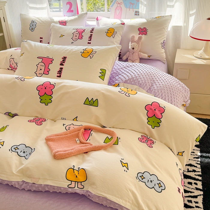 91家纺网 家纺一手货源 找家纺 千朵 2025新款全棉加豆豆绒四件套 奶油猫咪