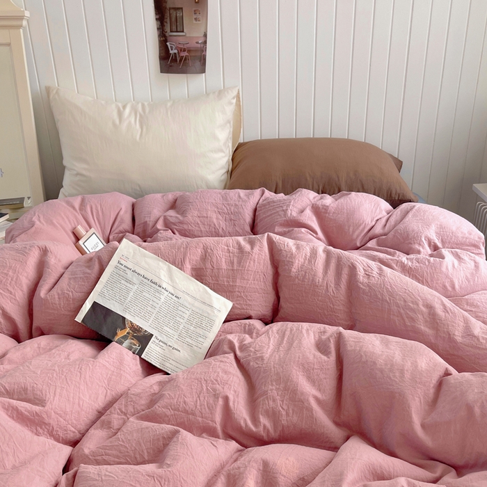 91家纺网 家纺一手货源 找家纺 2025新款ins博主风纯色混搭双色水洗m四件套（软糯舒适，非市场普通面料！！！） 多色水洗m-粉雾麦蓝