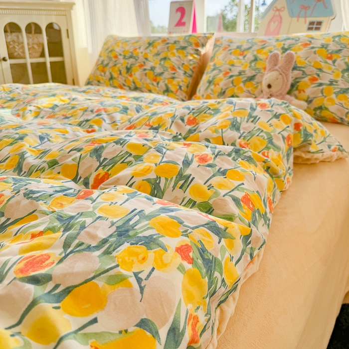 91家纺网 家纺一手货源 找家纺 千朵 2025新款全棉加豆豆绒四件套 郁金香黄