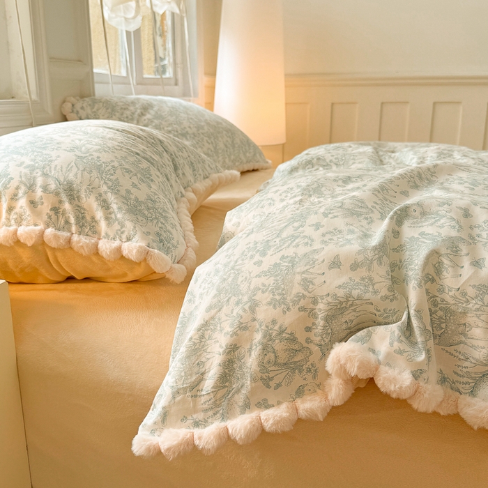 91家纺网 家纺一手货源 找家纺 （总）千朵 2025新款棉加豆豆绒毛毛球边四件套