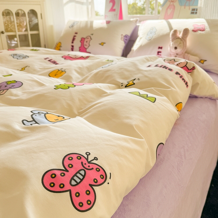 91家纺网 家纺一手货源 找家纺 千朵 2025新款全棉加豆豆绒四件套 奶油猫咪