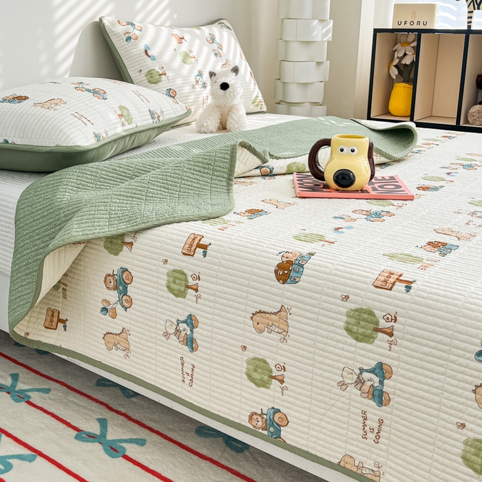 91家纺网 家纺一手货源 找家纺 茉夕家纺 2025新款跑量款双面纯棉印花水洗床盖 动物大会