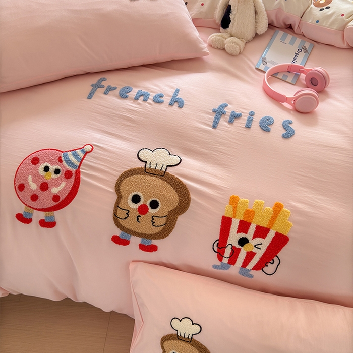 91家纺网 家纺一手货源 找家纺 罗亿家纺 2025新款糯糯棉(110克）大版卡通毛巾绣四件套（提供买家绣） 多巴胺甜甜圈