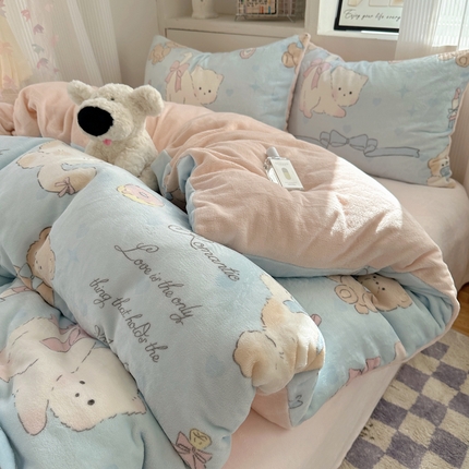 （买家秀爆款不断货）A类母婴级双面牛奶绒四件套珊瑚绒四件套雪花绒四件套儿童高克重卡通牛奶绒四件套儿童 小猫奶油