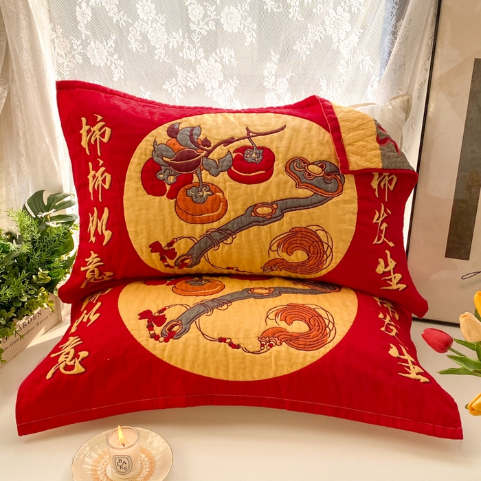 91家纺网 家纺一手货源 找家纺 美宜家 2025高档喜庆大红纯棉情侣枕巾加大加厚 事事如意