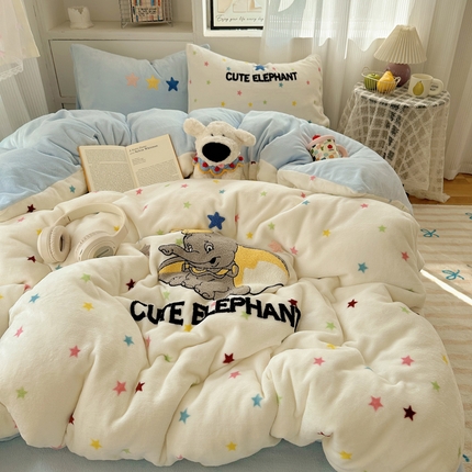 （买家秀爆款不断货）A类母婴级毛巾绣牛奶绒四件套珊瑚绒四件套雪花绒四件套刺绣牛奶绒毛巾绣四件套小清新 星星小飞象