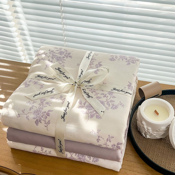 91家纺网 家纺一手货源 找家纺 暖芯优选 2025新款加厚针织棉双层纱四件套小碎花被套床单床笠款学生三件套新款直播热款-叠拍图-系列二 紫熏