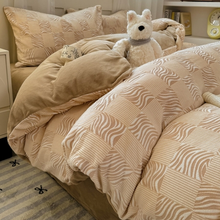 91家纺网 家纺一手货源 找家纺 （买家秀 爆款不断货）A类母婴级花卉牛奶绒雕花四件套珊瑚绒小香风牛奶绒四件套雪花绒四件套雕花绒四件套 风尚格韵-咖