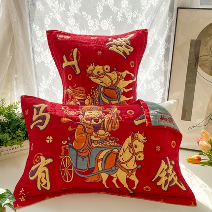 91家纺网 家纺一手货源 找家纺 （总）美宜家 2025高档喜庆大红纯棉情侣枕巾枕套加大加厚