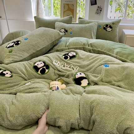 （买家秀 爆款不断货）A类母婴级泰迪绒牛奶绒刺绣四件套珊瑚绒牛奶绒四件套雪花绒四件套刺绣婴儿绒四件套 泰迪绒-熊猫宝贝