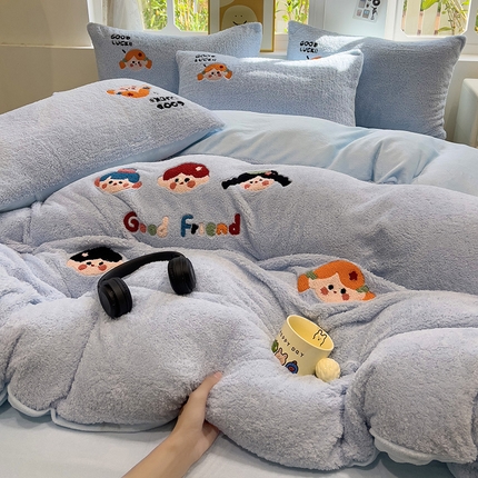 （买家秀 爆款不断货）A类母婴级泰迪绒牛奶绒刺绣四件套珊瑚绒牛奶绒四件套雪花绒四件套刺绣婴儿绒四件套 泰迪绒-好伙伴