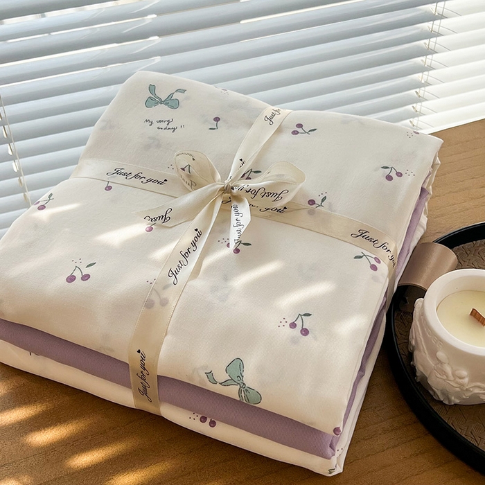 91家纺网 家纺一手货源 找家纺 暖芯优选 2025新款针织棉双层纱四件套小碎花被套床单床笠款学生三件套新款直播热款-叠拍图-系列一 樱桃