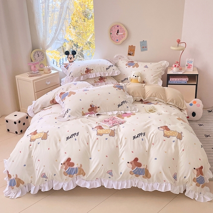 91家纺网 家纺一手货源 找家纺 思诺羽床笠 2025新款奶乎乎印花水洗棉高克重花边四件套 专版花型 幸运狗狗