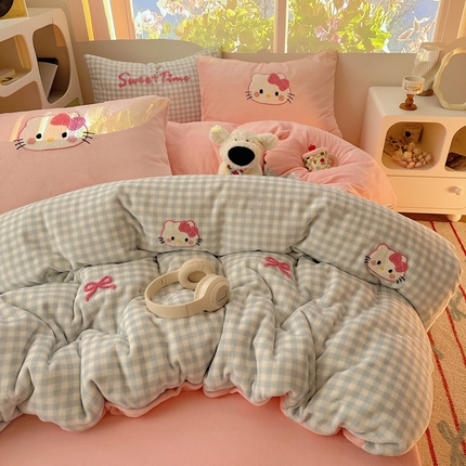 （买家秀爆款不断货）A类母婴级毛巾绣牛奶绒四件套珊瑚绒四件套雪花绒四件套刺绣牛奶绒毛巾绣四件套小清新 蓝格猫咪