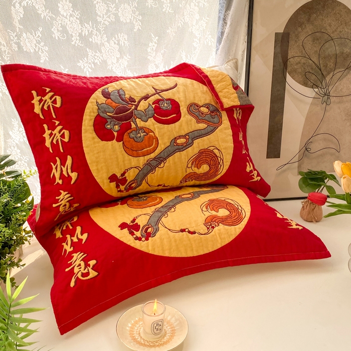91家纺网 家纺一手货源 找家纺 美宜家 2025高档喜庆大红纯棉情侣枕巾加大加厚 事事如意