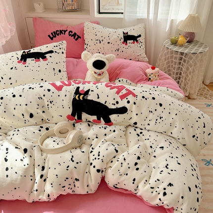 （买家秀爆款不断货）A类母婴级毛巾绣牛奶绒四件套珊瑚绒四件套雪花绒四件套刺绣牛奶绒毛巾绣四件套小清新 点点酷夜猫