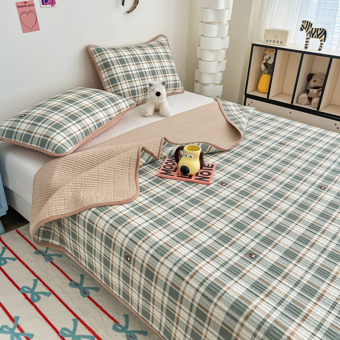 91家纺网 家纺一手货源 找家纺 茉夕家纺 2025新款跑量款双面纯棉印花水洗床盖 绿色格调