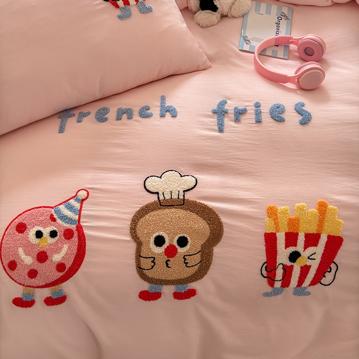 91家纺网 家纺一手货源 找家纺 罗亿家纺 2025新款糯糯棉(110克）大版卡通毛巾绣四件套（提供买家绣） 多巴胺甜甜圈