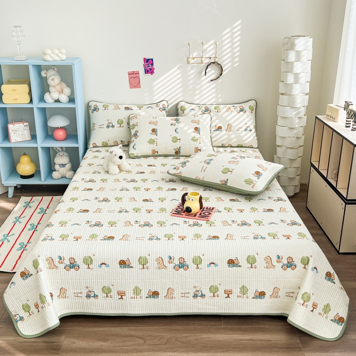 91家纺网 家纺一手货源 找家纺 茉夕家纺 2025新款跑量款双面纯棉印花水洗床盖 动物大会