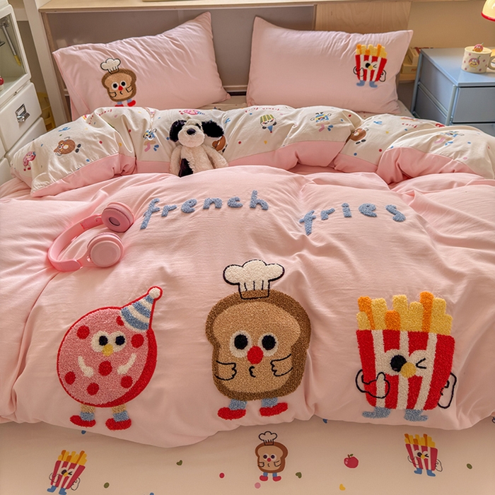 91家纺网 家纺一手货源 找家纺 罗亿家纺 2025新款糯糯棉(110克）大版卡通毛巾绣四件套（提供买家绣） 多巴胺甜甜圈