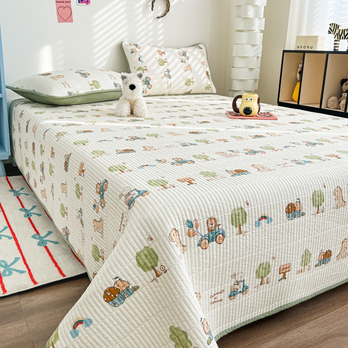 91家纺网 家纺一手货源 找家纺 茉夕家纺 2025新款跑量款双面纯棉印花水洗床盖 动物大会